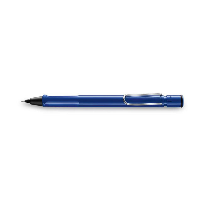 Lamy Safari Mechanical Pencil in blue, featuring 0.5mm lead, ergonomic grip, and built-in eraser for smooth writing.