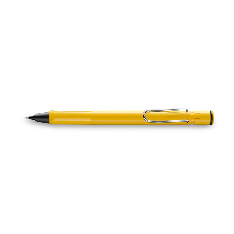 Vibrant yellow Lamy Safari Mechanical Pencil, ergonomic design, 0.5mm lead, built-in eraser, and stylish metal clip.