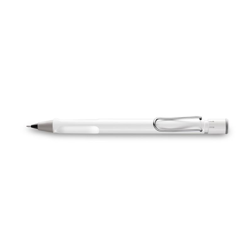 Lamy Safari Mechanical Pencil in white, featuring a sleek ABS body, ergonomic grip, 0.5 mm lead, and built-in eraser for stylish writing.