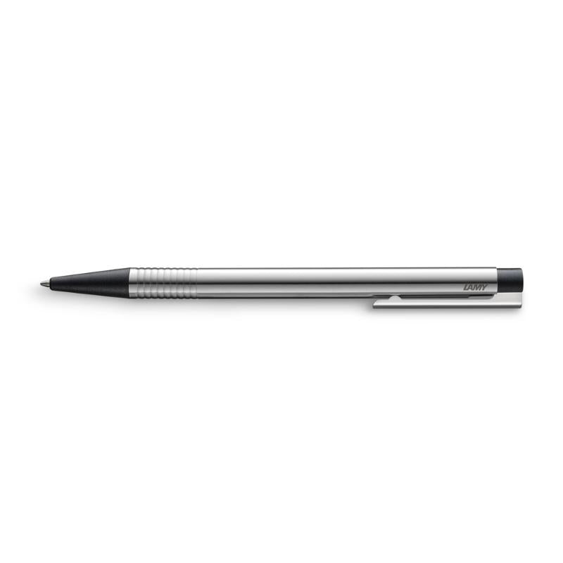 Lamy Logo Ballpoint Pen in shiny stainless steel, featuring minimalist design, black trim, and cushioned clip for easy usability.