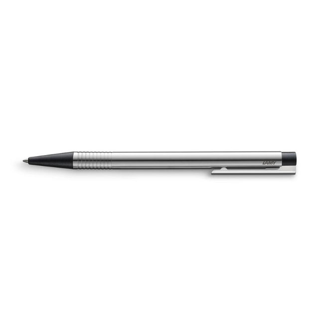 Lamy Logo Ballpoint Pen in shiny stainless steel, featuring minimalist design, black trim, and cushioned clip for easy usability.