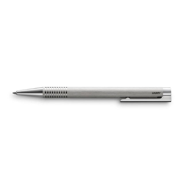 Lamy Logo Ballpoint Pen in brushed steel with polished trim, featuring a pressure mechanism and elegant Bauhaus design.