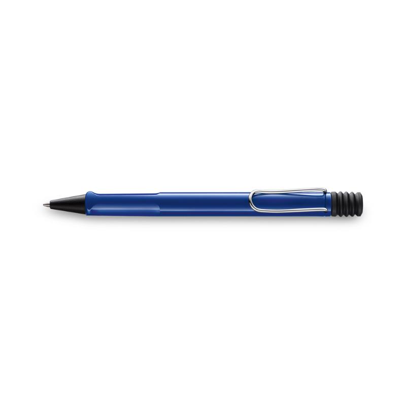 Lamy Safari Ballpen in shiny blue with ergonomic grip, sturdy clip, and black refill for smooth, stylish writing.