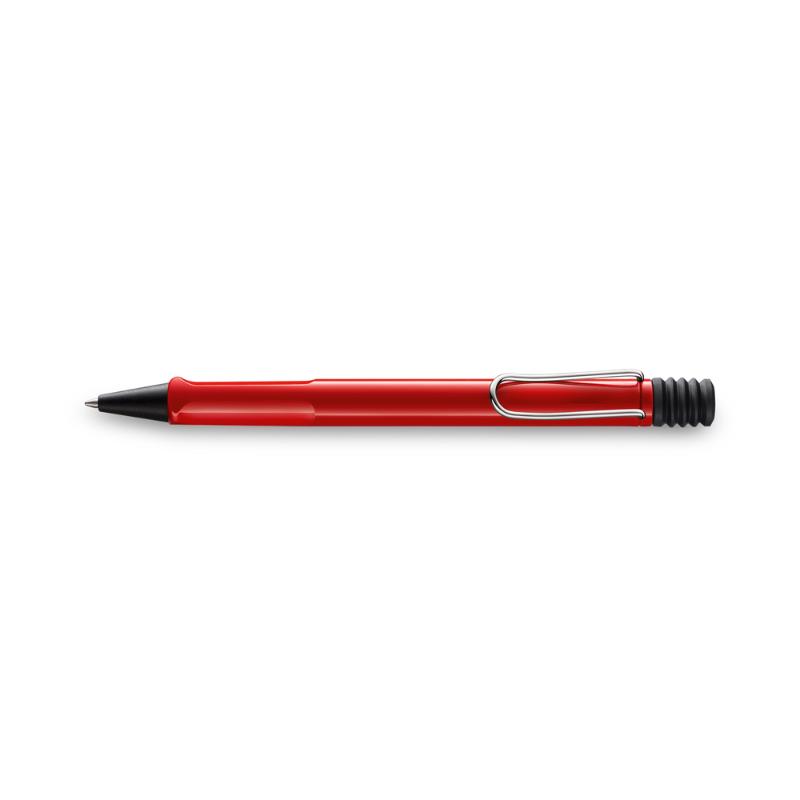 Lamy Safari Ballpen in shiny red, featuring ergonomic grip, durable ABS plastic, and smooth black ink for comfortable writing.