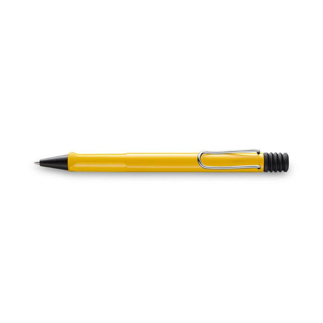 Lamy Safari Ballpen in glossy yellow, featuring an ergonomic grip and sturdy metal clip, perfect for stylish writing.