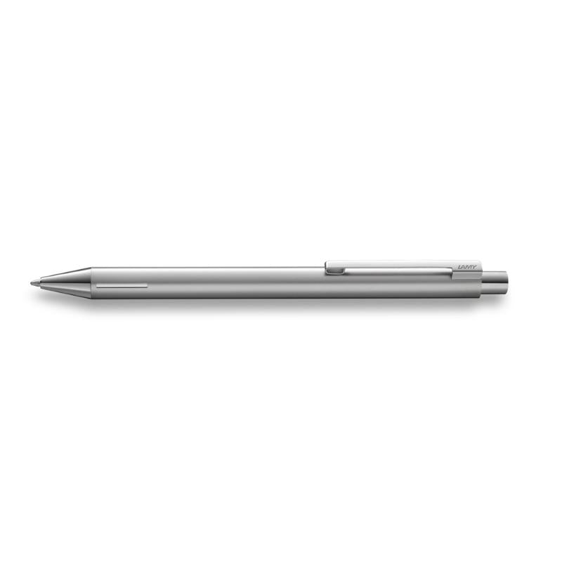 Lamy Econ Ballpoint in stainless steel with matt sand finish, curved clip, and smooth black refill for stylish, comfortable writing.