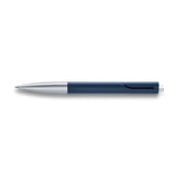 Lamy Noto Dark Blue/Silver ballpoint pen with triangular shape for comfort, features integrated clip and black ink cartridge.