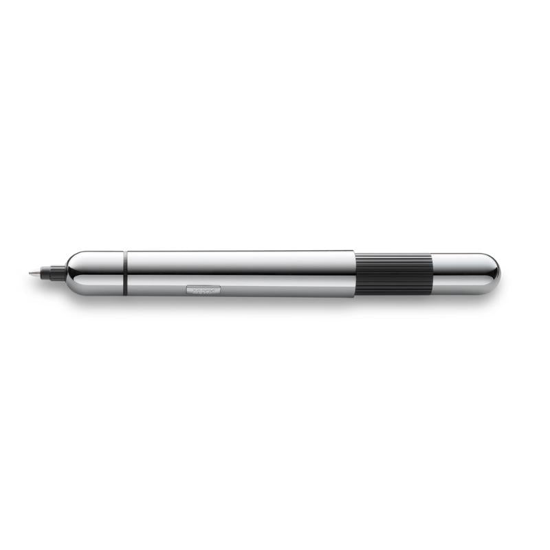 Sleek chrome Lamy Pico ballpoint pen expands from compact size for easy portability and smooth writing experience.