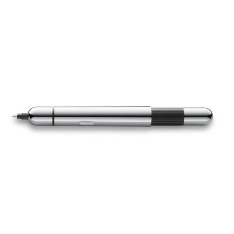 Sleek chrome Lamy Pico ballpoint pen expands from compact size for easy portability and smooth writing experience.