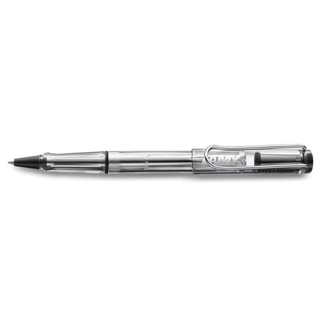 Lamy Safari Rollerball Vista pen in transparent ABS, features ergonomic grip, metal clip, and vibrant color for stylish writing.