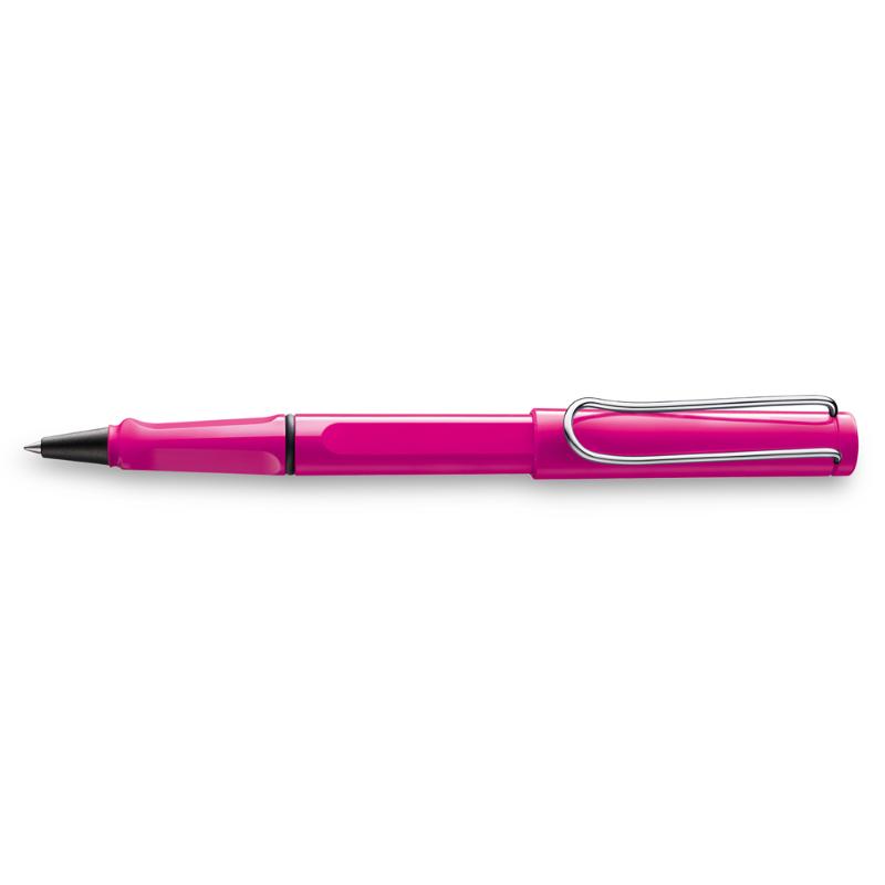 Lamy Safari Rollerball in shiny pink, featuring ergonomic grip and metal clip for stylish and comfortable writing.