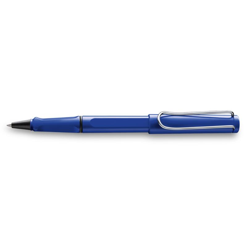 Lamy Safari Rollerball in shiny blue with ergonomic grip, metal clip, and smooth black ink for effortless writing.