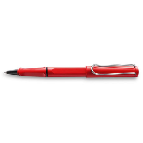 Lamy Safari Rollerball pen in shiny red with ergonomic grip and sturdy metal clip, ideal for smooth writing.