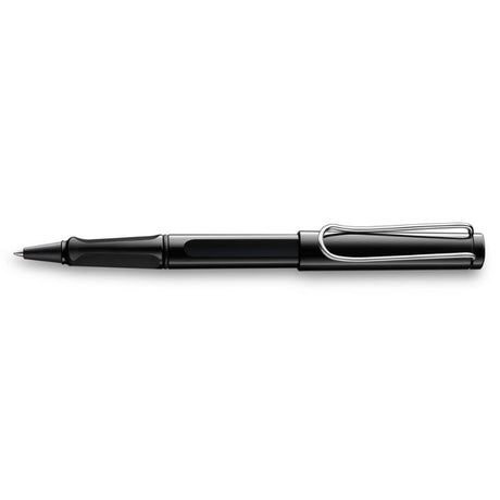 Lamy Safari Rollerball in sleek black ABS plastic, featuring ergonomic grip and durable design for smooth writing.