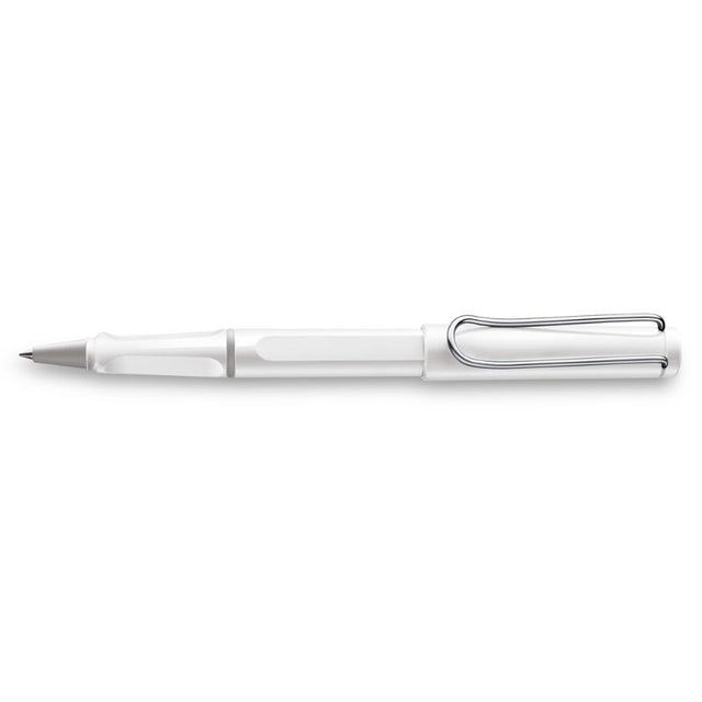 Lamy Safari Rollerball in shiny white, featuring ergonomic grip, sturdy clip, and black ink for effortless writing.