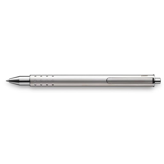 Lamy Swift Rollerball Pen in palladium, capless design, smooth black ink, combines elegance with precision for effortless writing.