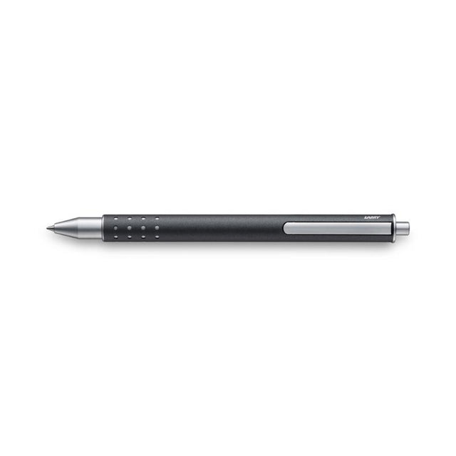 Lamy Swift Rollerball in graphite, capless design, retractable clip, and LAMY M 66 M black refill for smooth writing.