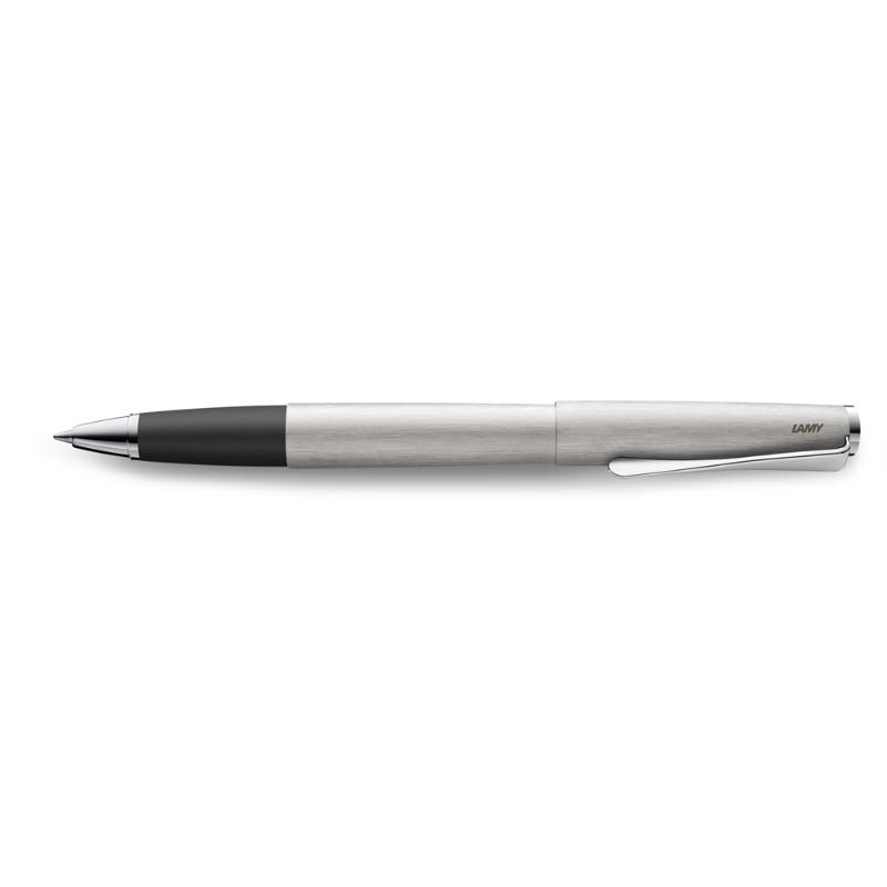 Elegant Lamy Studio Rollerball in brushed steel featuring a propeller-shaped clip and smooth black ink for a sophisticated writing experience.