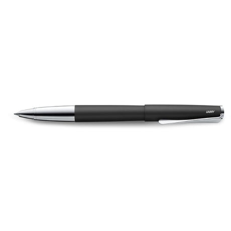 Lamy Studio Rollerball Pen in black with steel propeller clip, showcasing elegant design and smooth writing experience.