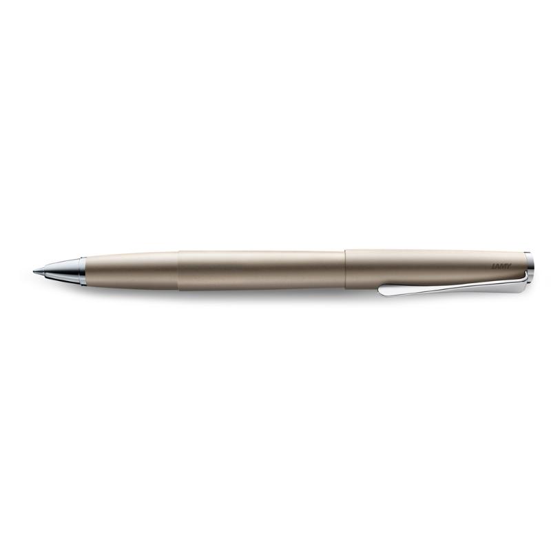 Lamy Studio Rollerball Pen in palladium finish with propeller-shaped clip, offering elegant design and smooth black ink writing.