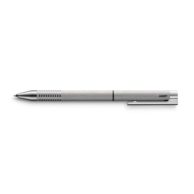 Lamy Logo Twin Pen in brushed steel, featuring a dual black ballpoint and 0.5 mm pencil with ergonomic design and push mechanism.