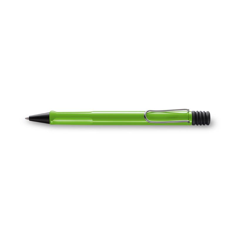 Lamy Safari Ballpoint in vibrant Apple Green, featuring ergonomic grip, metal clip, and smooth black ink refill.