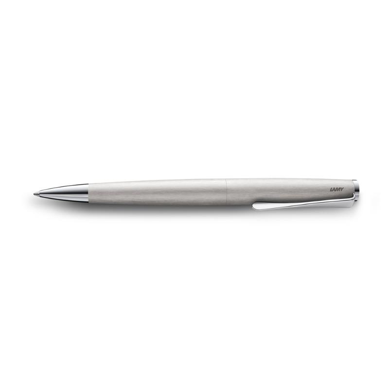 Lamy Studio Ballpoint Pen in brushed steel with a twist mechanism and unique propeller-shaped clip for stylish writing.