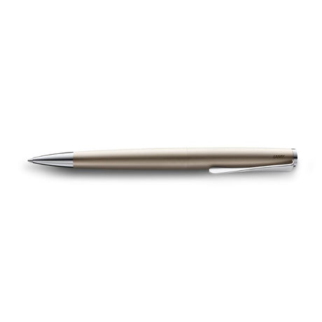 Lamy Studio Ballpen Palladium with chrome clip, stainless steel body, and sleek design by Hannes Wettstein, perfect for elegant writing.