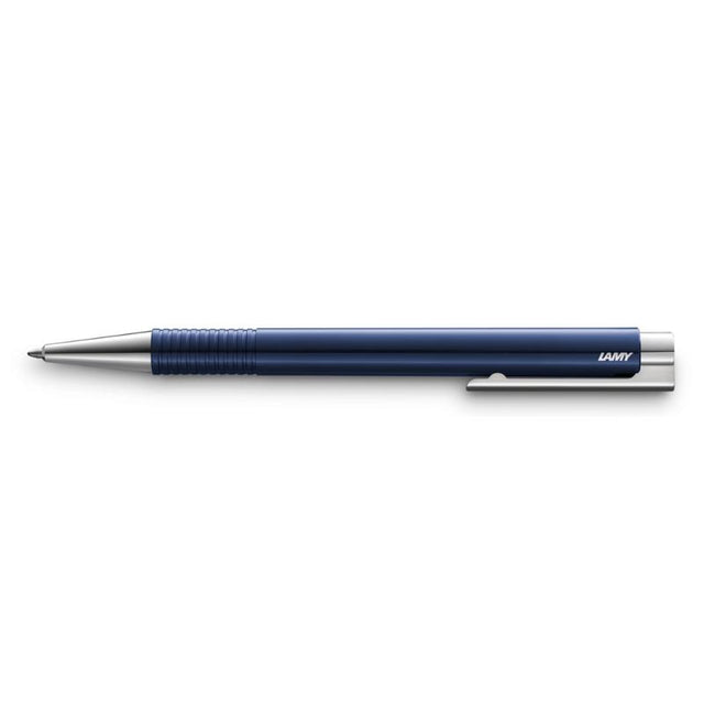 Lamy Logo Ballpoint M+ Blue features a shiny blue ABS barrel and steel clip, perfect for stylish and reliable writing.