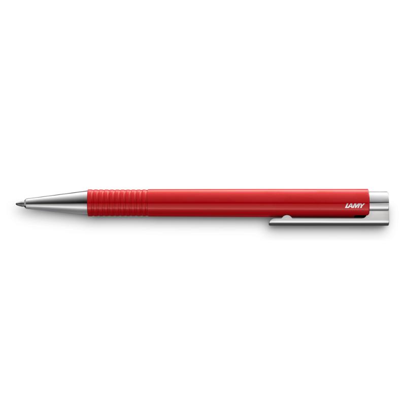 Lamy Logo Ballpoint M+ Red (204) pen featuring a shiny red ABS barrel, polished steel clip, and smooth black ink for elegant writing.