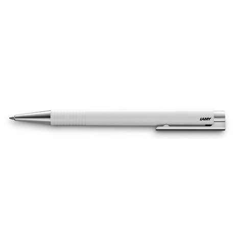 Lamy Logo Ballpoint M+ White pen featuring a glossy white barrel, steel clip, and reliable black ink refill for smooth writing.