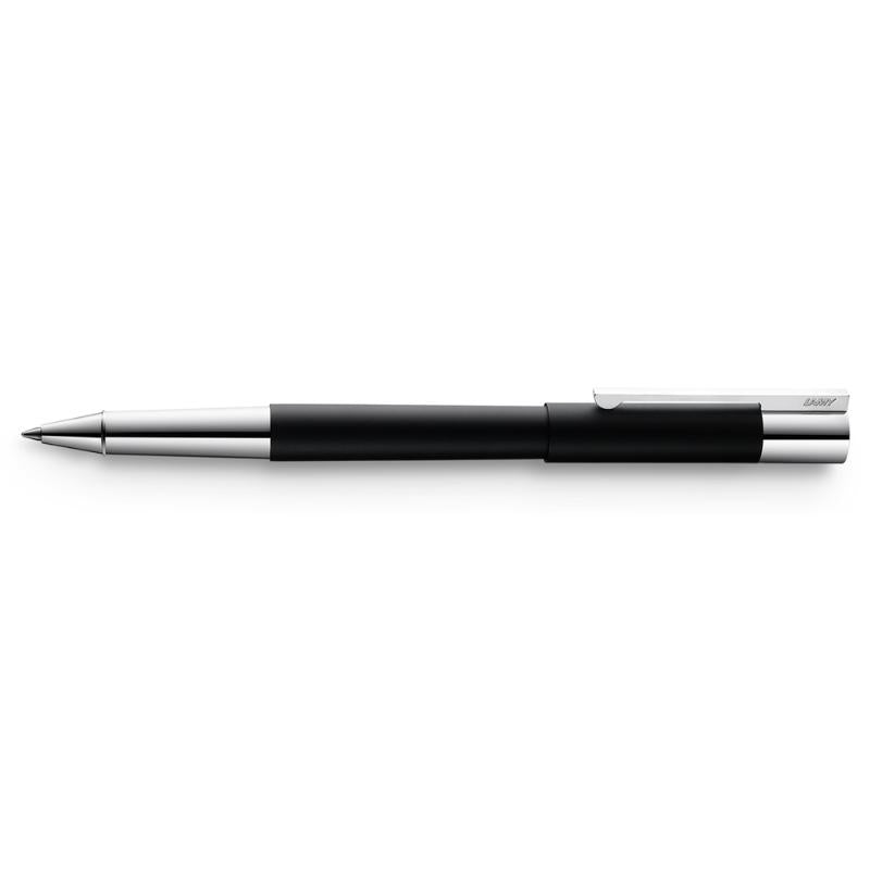 Lamy Scala Rollerball in matte black lacquer, featuring stainless steel, chrome accents, and smooth black ink for elegant writing.