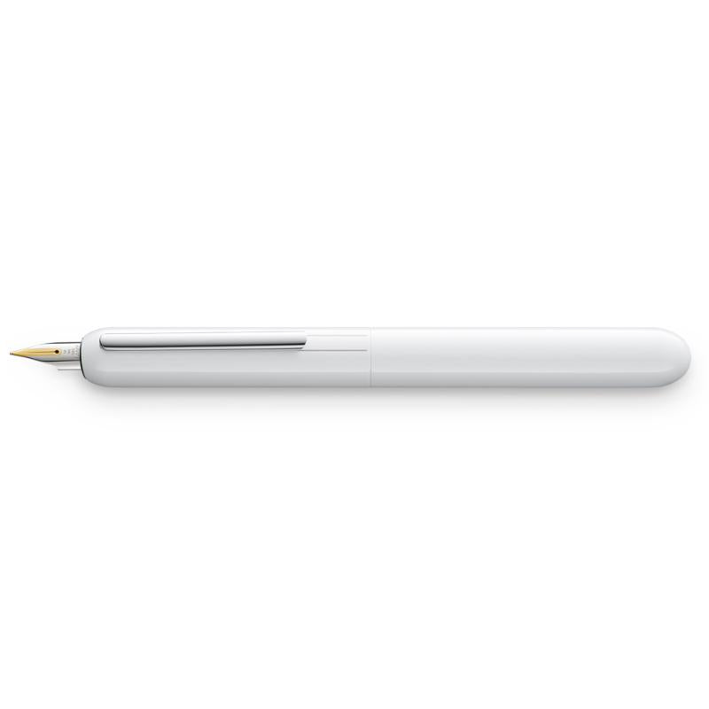 Lamy Dialogue Fountain Pen in Piano White, featuring a retractable nib, platinum clip, and luxurious white lacquer finish.