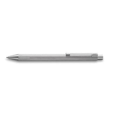 Lamy Econ Ballpoint in brushed steel features modern design, ergonomic grip, and a curved clip for comfortable writing.