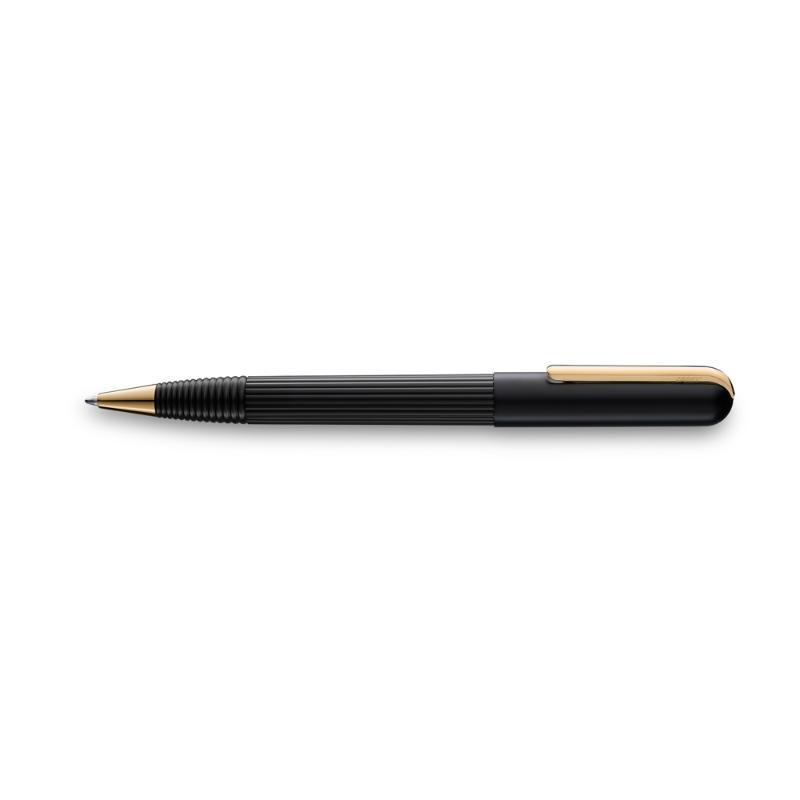 Elegant Lamy Imporium Ballpen in black matte with a gold clip, featuring guilloche design and twist-action mechanism.