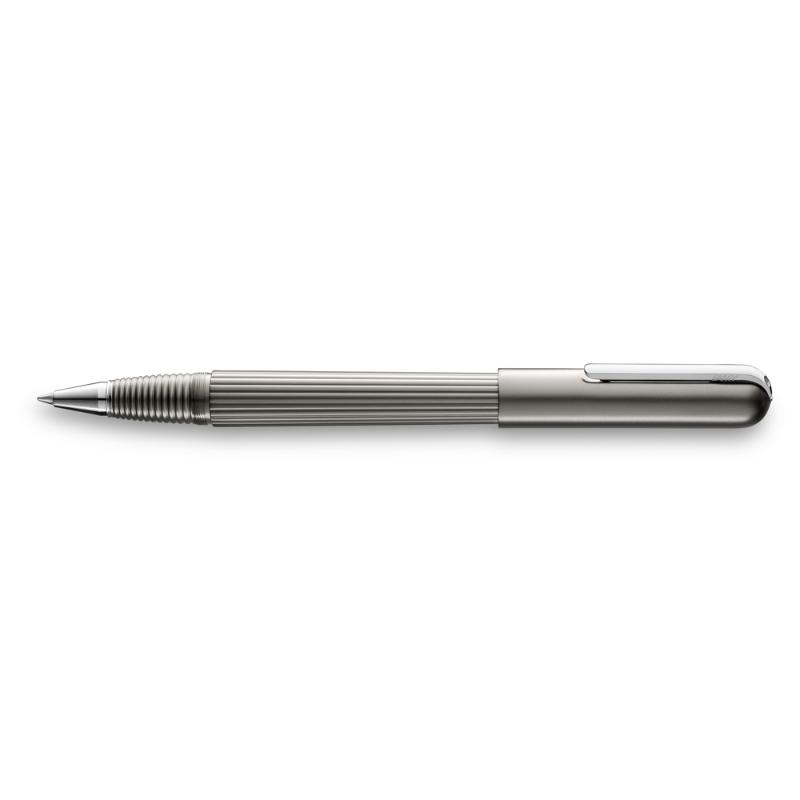 Lamy Imporium Rollerball in titanium with guilloched design, polished platinum clip, and premium black ink for smooth writing.