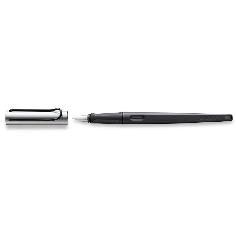 Sleek Lamy Joy-AL fountain pen with a 1.5mm italic nib, matt black finish, ideal for elegant writing and creativity.