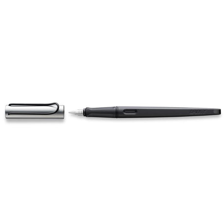 Sleek Lamy Joy-AL fountain pen with a 1.5mm italic nib, matt black finish, ideal for elegant writing and creativity.