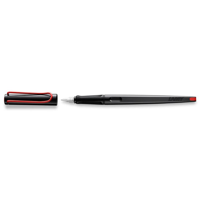 Lamy Joy fountain pen with 1.5mm calligraphy nib, polished steel, ergonomic design, and includes blue ink cartridge.