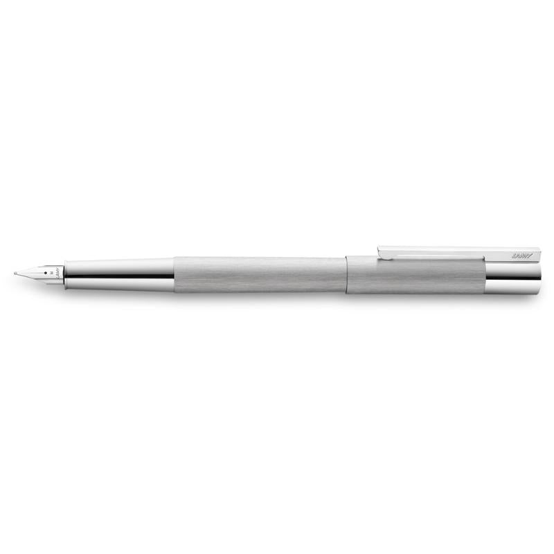 Lamy Scala Ballpen in brushed steel, featuring a twist mechanism, chrome accents, and a sleek Bauhaus design for elegant writing.