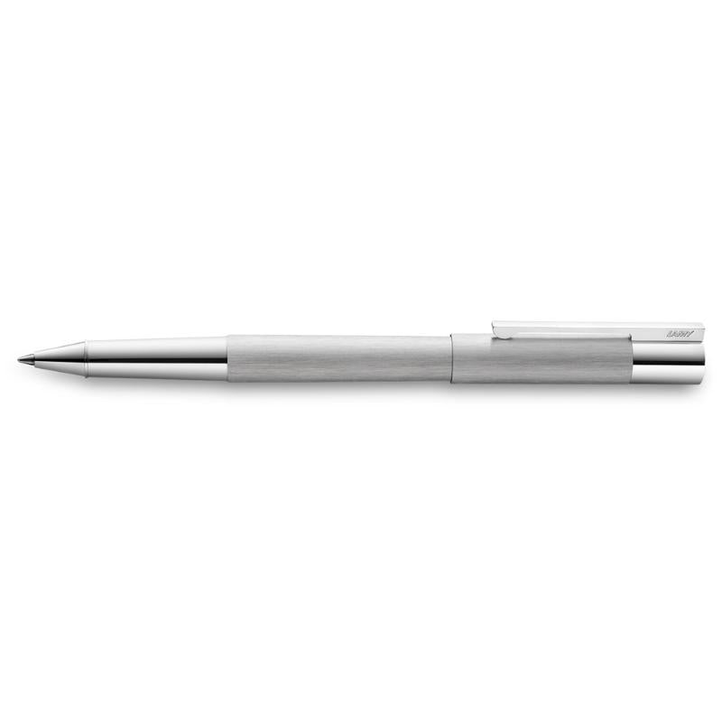 Lamy Scala Rollerball in brushed steel, featuring a chrome grip, sleek design, and smooth ink flow for modern professionals.