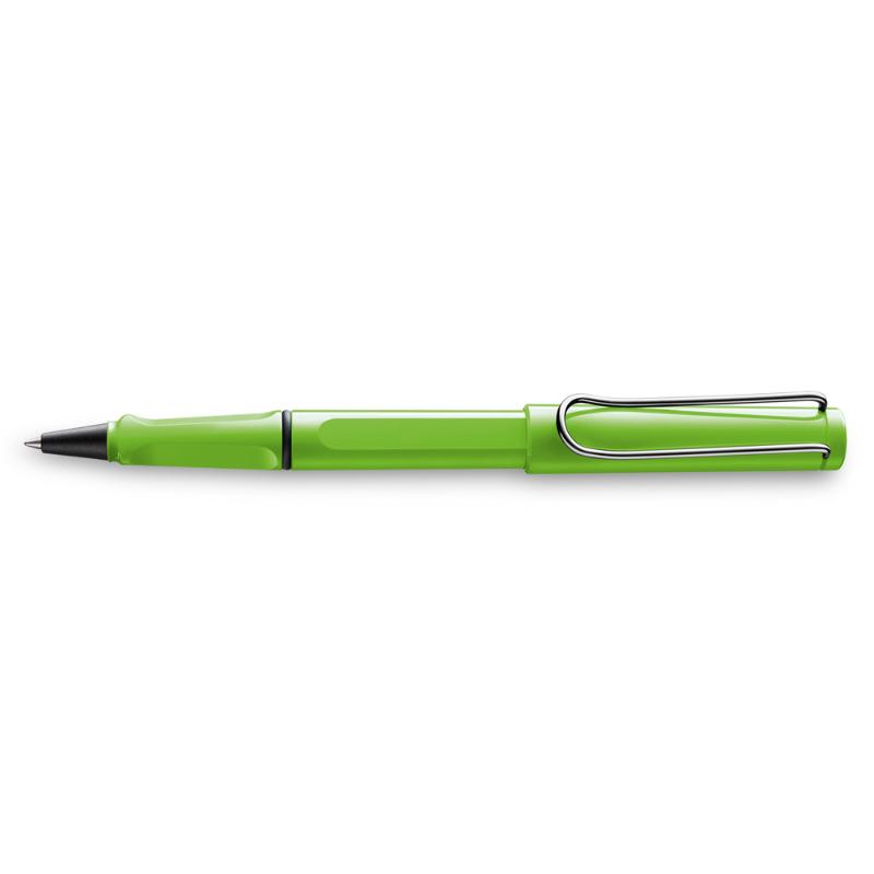 Lamy Safari Rollerball pen in shiny apple green, featuring ergonomic grip and sturdy clip for stylish, comfortable writing.