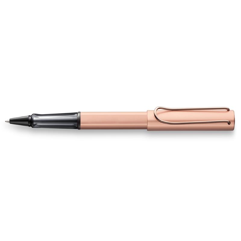 Lamy Lx Rollerball in rose gold, featuring an ergonomic grip and metallic finish, ideal for elegant and comfortable writing.