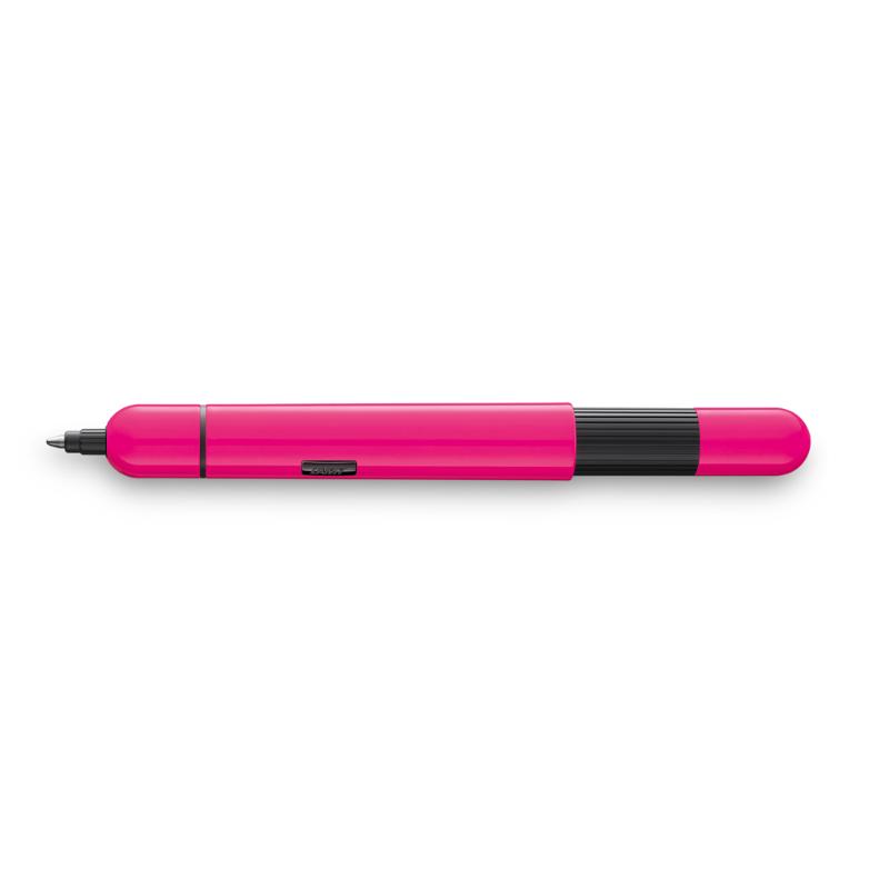 Neon pink Lamy Pico ballpoint pen transforms from compact to full size, featuring a smooth black ink refill and stylish design.