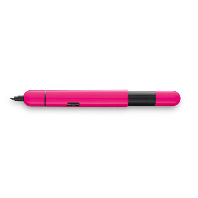 Neon pink Lamy Pico ballpoint pen transforms from compact to full size, featuring a smooth black ink refill and stylish design.