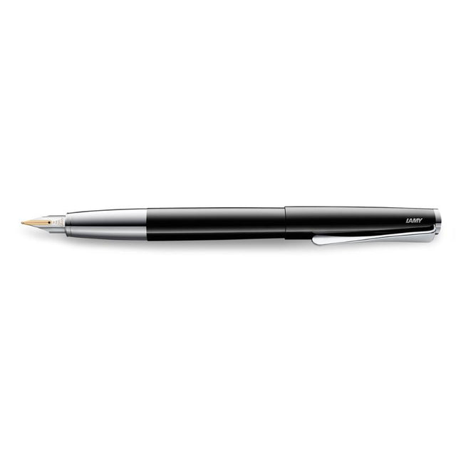 Elegant Lamy Studio Fountain Pen in Piano Black with minimalist design, gold nib, and unique propeller-shaped clip.