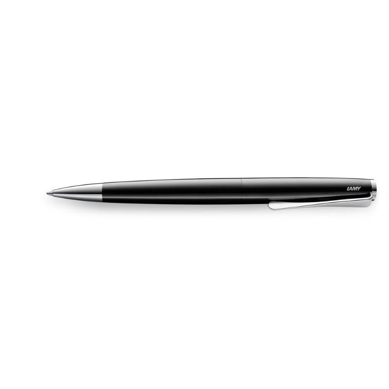 Lamy Studio Ballpen in Piano Black, featuring a propeller-shaped clip, stainless steel build, and smooth twist mechanism.