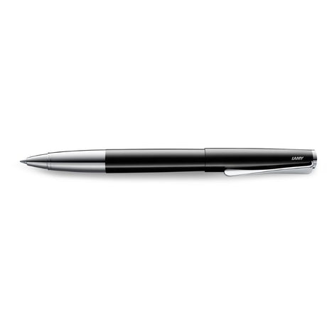 Lamy Studio Rollerball in Piano Black, featuring a sleek design and propeller-shaped clip for a sophisticated writing experience.