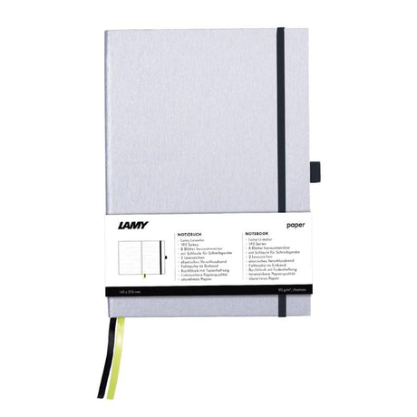 Lamy A5 silver hardcover notebook with black edge, 192 bleedproof pages, elastic band, pen loop, and folder pocket.