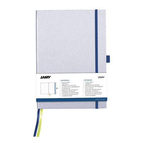 Elegant silver A5 notebook with ocean blue edges, featuring 192 pages of bleedproof paper and an elastic band closure.